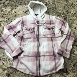 Size Small Rising Women’s Zip Up Sweater Pink Plaid 4 Pockets Hooded Comfy PK